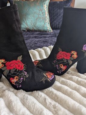 MIA Black Suede Embroidered Floral Ankle Boots